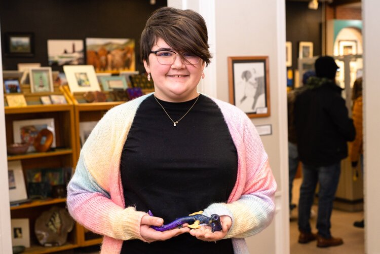 Amelia Douglas and her sculpture, "Steve."