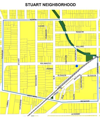 This map of the Stuart Neighborhood shows the 615 W. Kalamazoo Ave. property that is being redeveloped. It is marked with a blue dot.