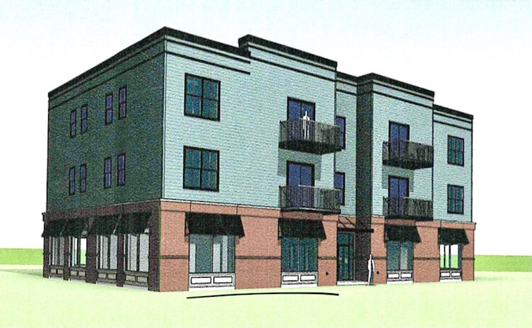 This artist’s conception shows one of two identical buildings that are under construction at 615 W. Kalamazoo Ave. in the Stuart Neighborhood. They are to be called Westgate Commons.