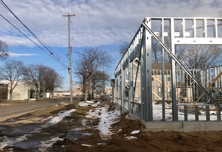 Westgate Commons apartments will be accessible from Kalamazoo Avenue as well as the eastern end of Eleanor Street. Looking north from Eleanor Street, this photo shows the foundation of the south building, with the steel framing of the north building 