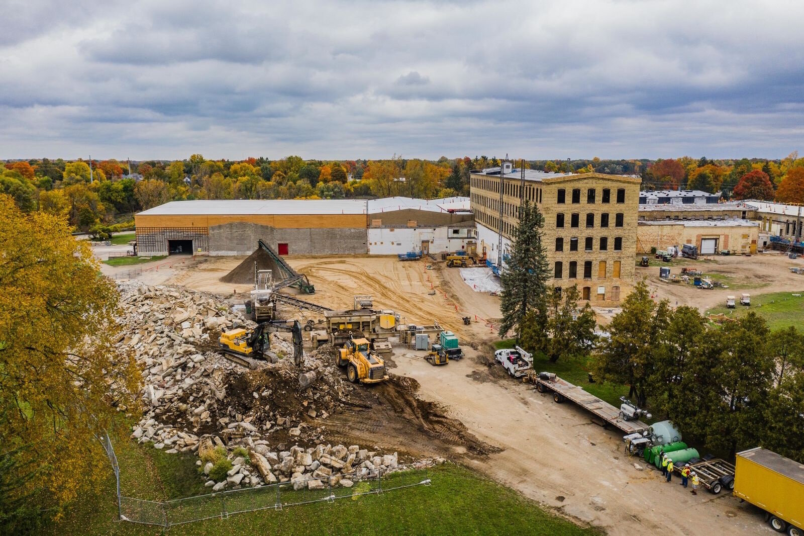 The concrete pile at the Mill at Vicksburg will be reduced to pebbles that will be used as foundation to construct miles of parking areas, roads, trails and sidewalks on the 80 acre property in the Kalamazoo County village of Vicksburg.