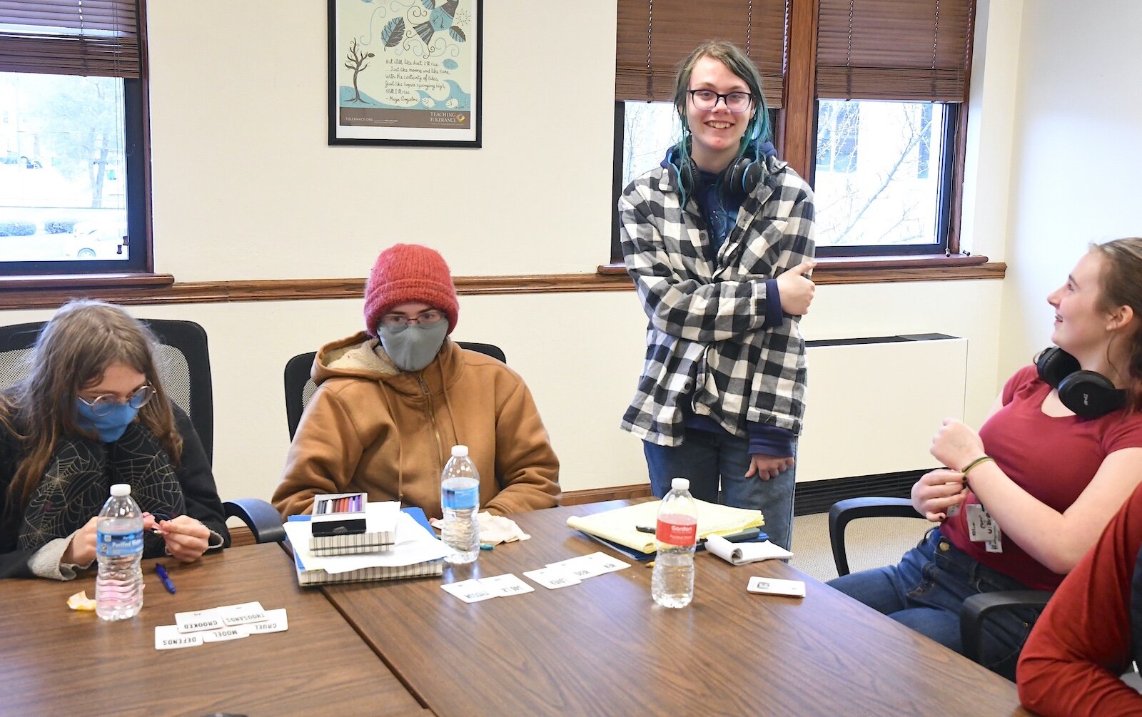 Voices of Youth Battle Creek students met in March to prepare their projects.From left to right: Kai Stevens, Logan Stevens, Athena McCarthy, and Lila McCarthy.