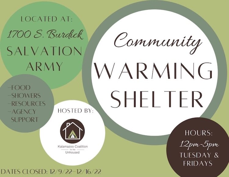 The Kalamazoo Community Warming Center utilizes the gymnasium of the Kalamazoo Salvation Army to provide a warm space, as well as coats, clothing, blankets, , hygiene products, a hot meal, and other items that have been donated.