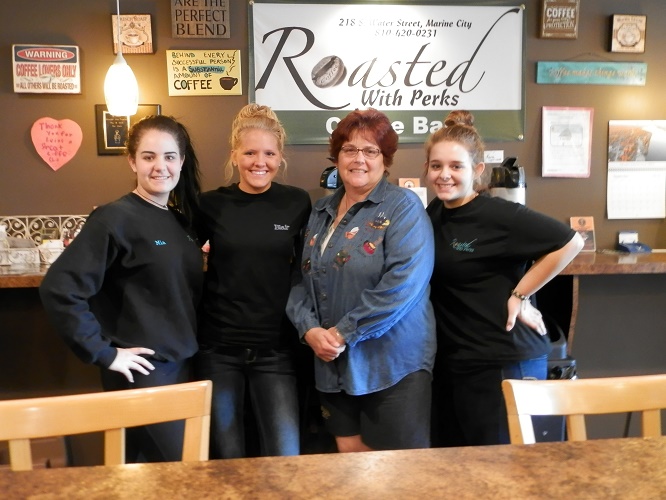 Roasted with Perks baristas Mia Westrick, Blair Richards, Taylor Toles and co-owner Anne Thueme.