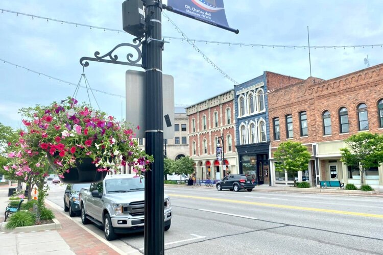 Hanging flower baskets recently installed in downtown Port Huron.