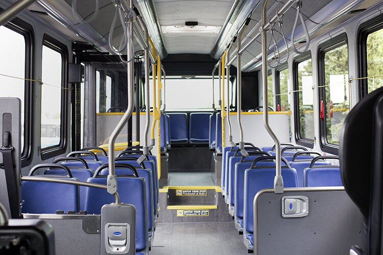 The 40-foot Proterra ZX5+ electric buses have a 38-person capacity, or 32 with two wheelchairs on board.