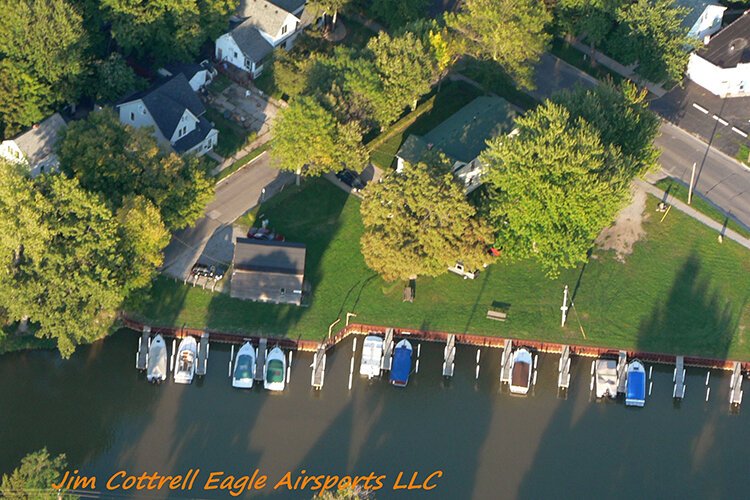 Aerial view of the marina along the Belle River in Marine City, Michigan.