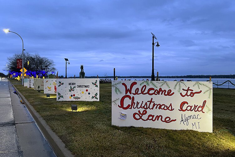 Handmade Christmas cards line the boardwalk in Algonac, Michigan.