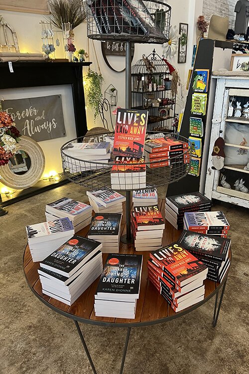 A display with novels by Stephen Mack Jones and Karen Dionne at Blackbird Homegoods in St. Clair.