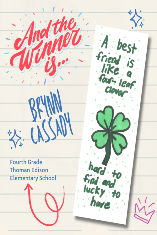 SCCCMH's 2025 Creative Arts Elementary School Bookmark Contest: Brynn Cassady (4th grade) at Thomas Edison Elementary.