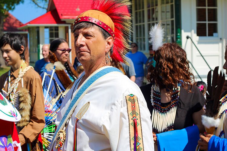 Ginot Picor entering the arena for the Grand Entry at the Blue Water Traditional Pow-Wow.