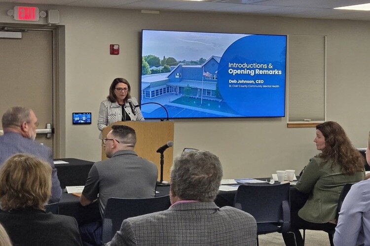 St. Clair County Community Mental Health CEO Deb Johnson speaks at a legislative briefing on Monday, July 14, 2025, concerning a state proposal that critics say could privatize Michigan’s public behavioral health system.