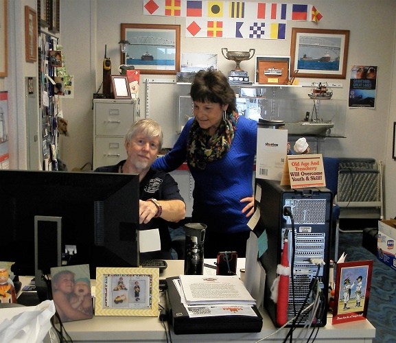 Frisk uses a tracking device called an Automatic Identification System for identifying and locating vessels by electronically exchanging data with other nearby ships.  Pictured are Frisk and Keel editor Jeri Packer