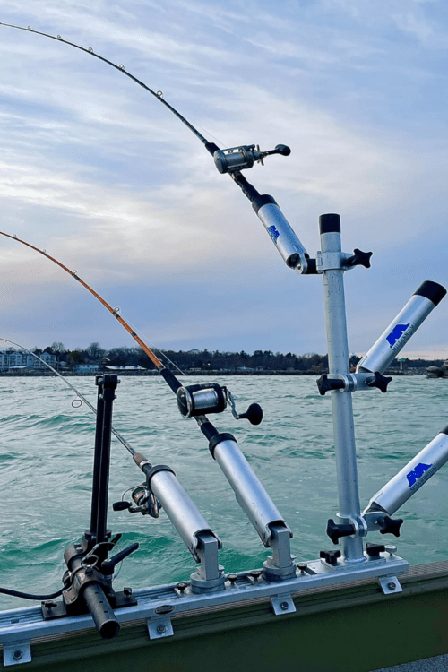 Michigan Honey Hole fishing poles on one of their charting boats looking for salmon.