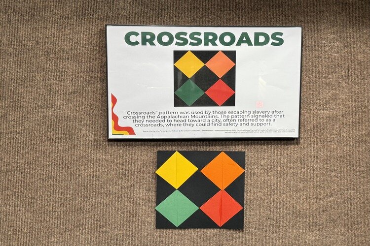 Crossroads pattern on freedom quilt signaling to escaped slaves to head towards a crossroad or city for help and safety.