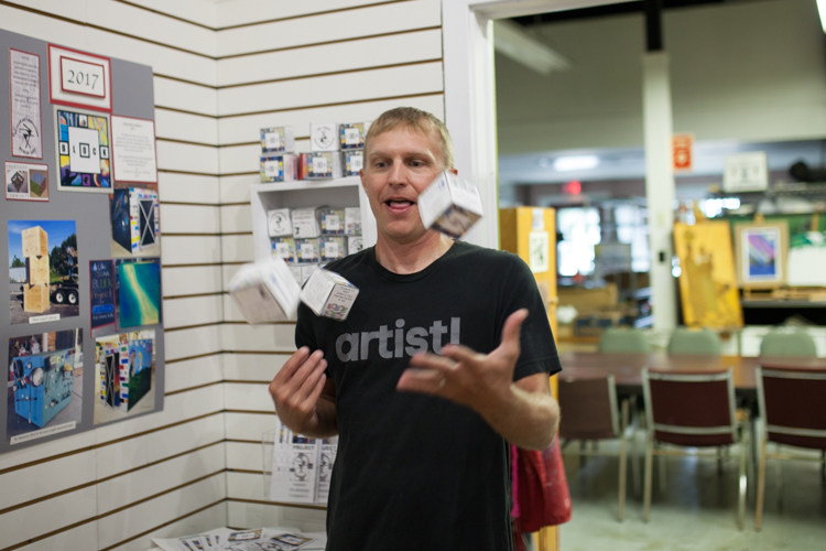 Jason Stier juggles some of the smallest blocks in the BLOCK project.