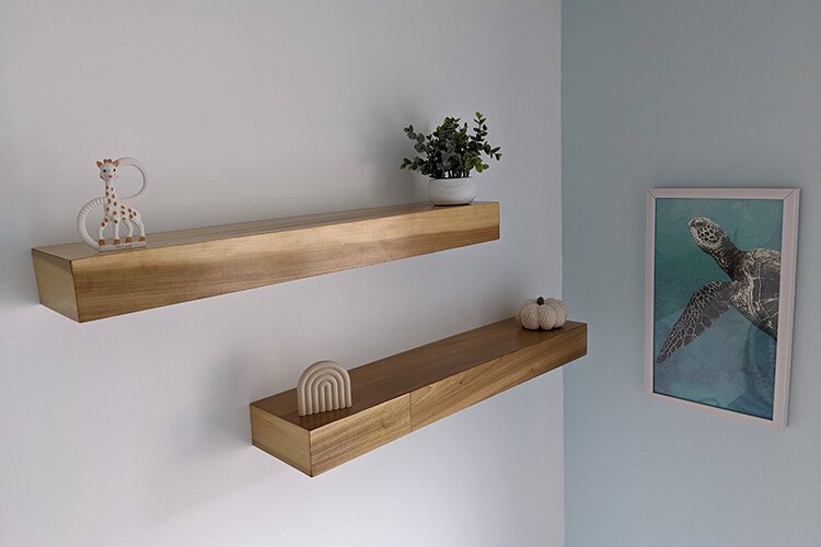 Shelves crafted by Craig Slingerland of Maple Bay Woodworks.