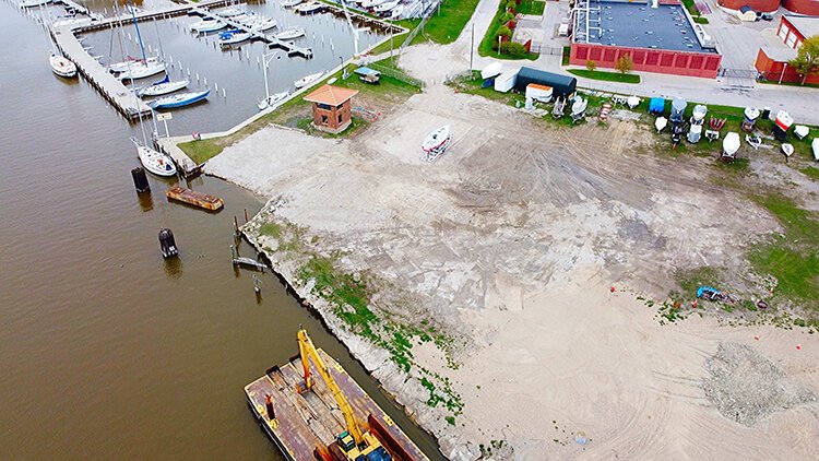 The site of the former Pere Marquette Railroad Bridge.