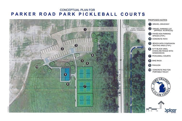 The concept plan for the proposed location of several new outdoor pickleball courts on Parker Road in Fort Gratiot Township.