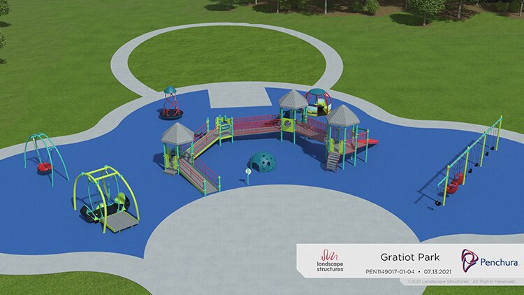 A design plan for the PlayABLE accessible play space at Gratiot Park. Some soon-to-be added structures include wheelchair swings, a splash pad and a merry-go-round.
