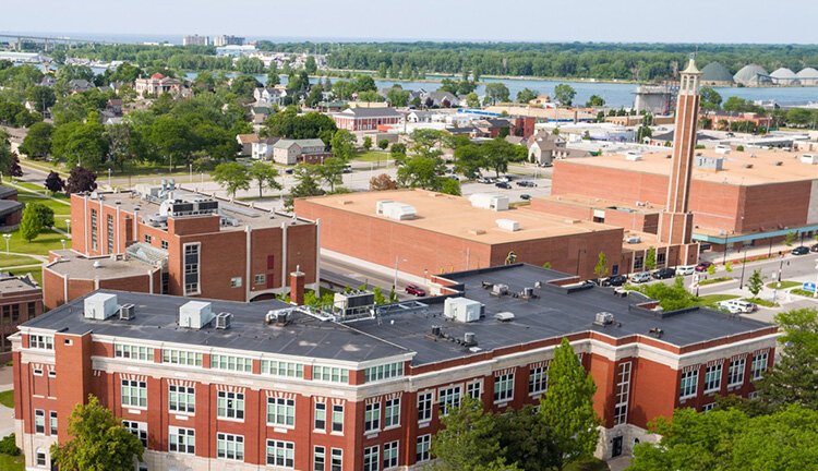 Aerial view of present-day St. Clair County Community College in Port Huron, Michigan.