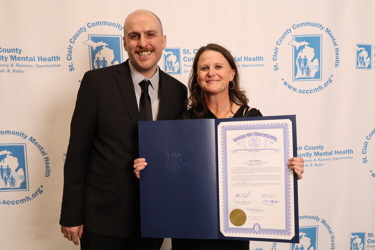 SCCCMH Case Manager Tricia Gapshes (Program Supervisor Ryan Gladfelter) receives the Employee of the Year Award for her service excellence in care and advocacy, managing large caseloads of individuals with complex behavioral needs.