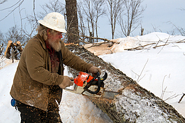 Jay Bierlein cutting a log into lengths. 