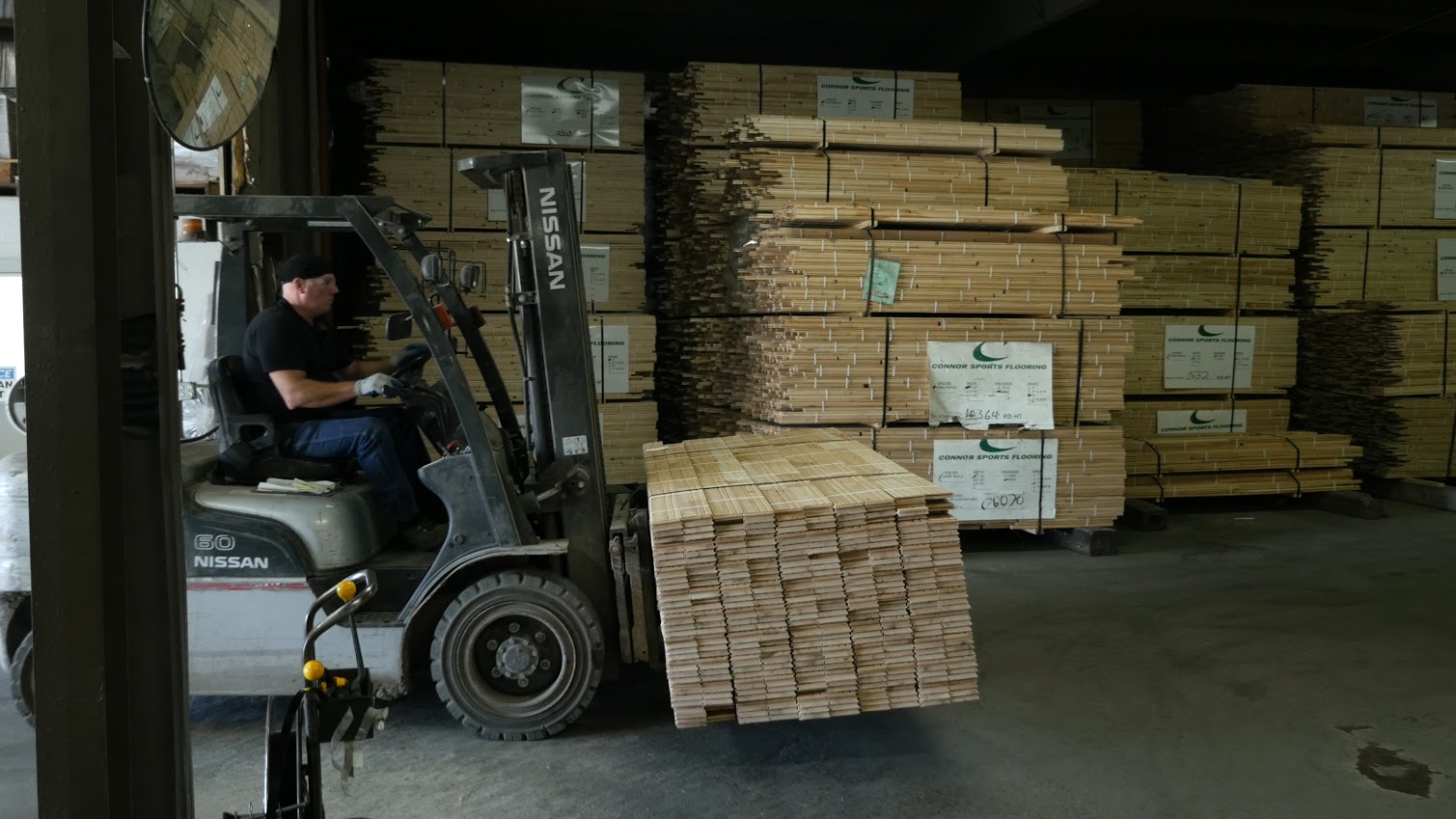 Stacks of maple are ready to be converted into a parquet floor for the Boston Celtics home   arena. (photo courtesy Nick Jensen/Floline Media)