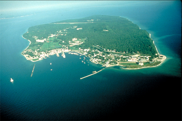 An aerial view of gorgeous Mackinac Island. 
