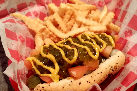 A beautiful Chicago dog waiting to be eaten at the Bear's Den. / Sam Eggleston