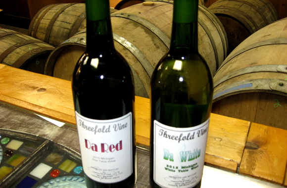 Some bottles of Threefold wine. 