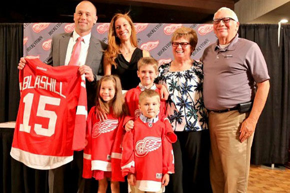 Red Wings coach Jeff Blashill, his wife, Erica, his mother, Rosemary, father, Jim, and children Teddy, Josie and Owen.