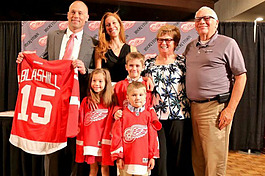 Red Wings coach Jeff Blashill, his wife, Erica, his mother, Rosemary, father, Jim, and children Teddy, Josie and Owen.