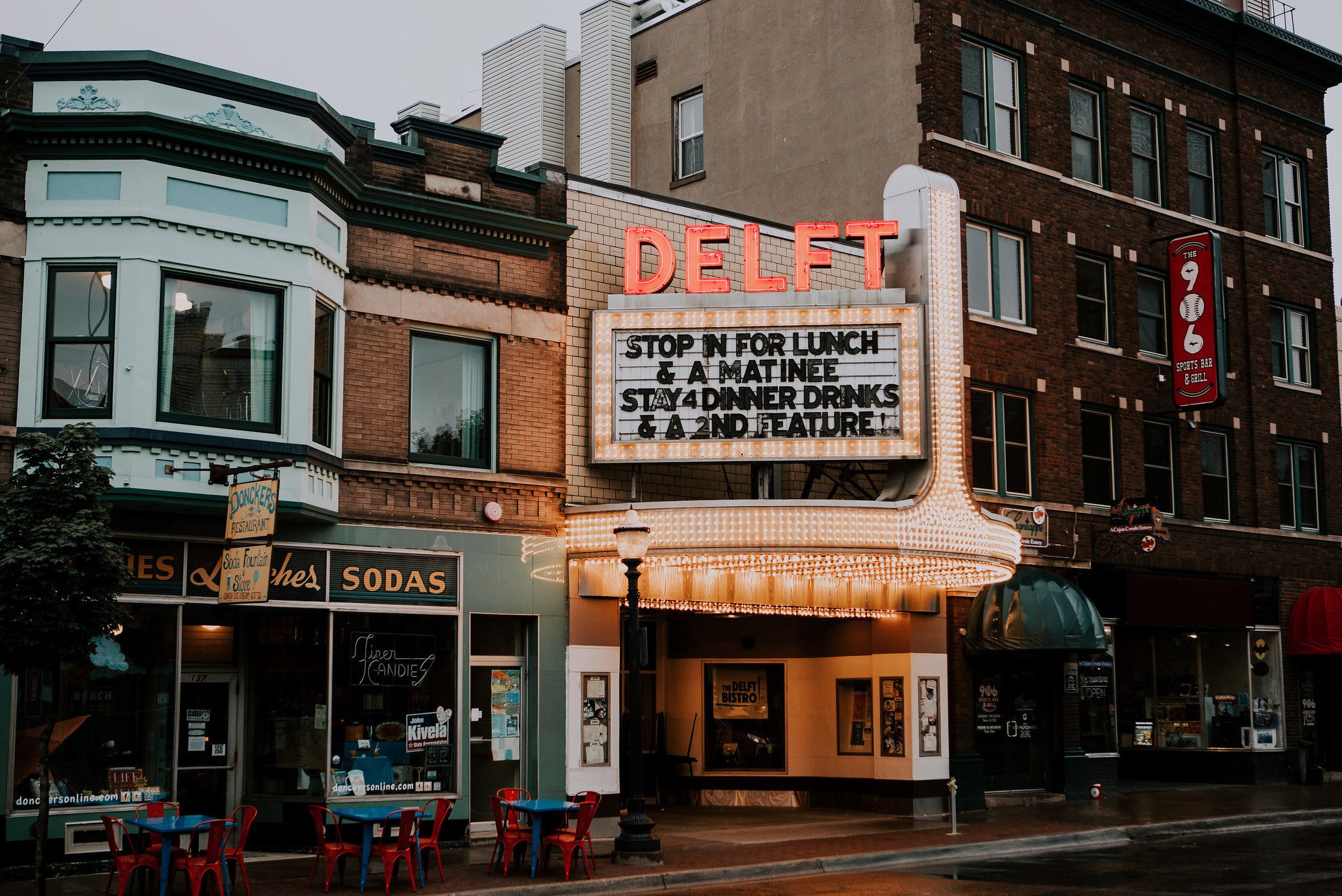 A view of downtown Marquette with the Delft Theater, repurposed as a bistro.