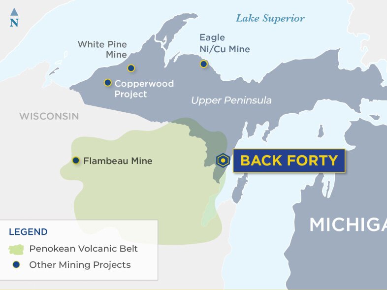 The proposed Back Forty mine location compared to other mines and metal deposits in the U.P. and Wisconsin.