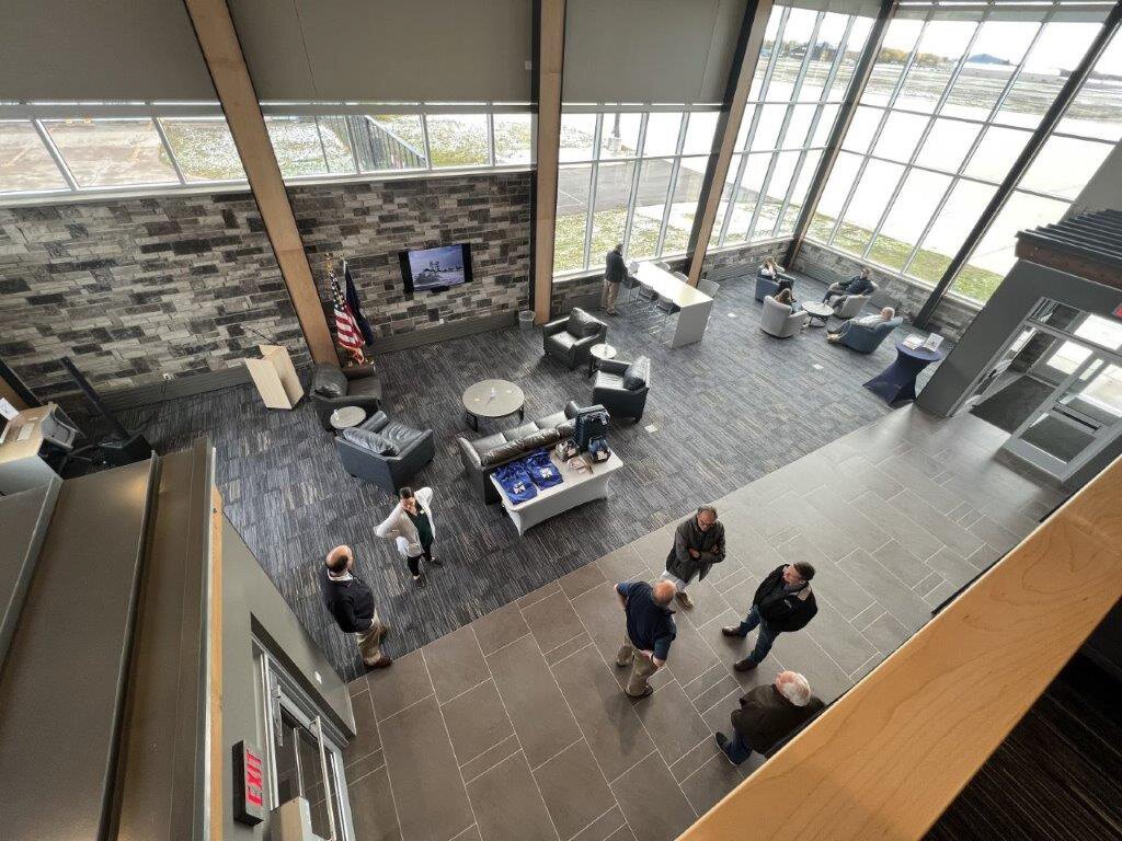 A view of the main lobby from the second floor of the new terminal.