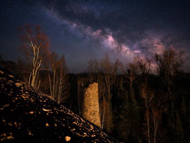 Ruins at Cliff mine, the first successful copper mine in Copper Country. The photographer timed the shot to catch the core of the Milky Way over the ruins -- about 3:30 a.m.