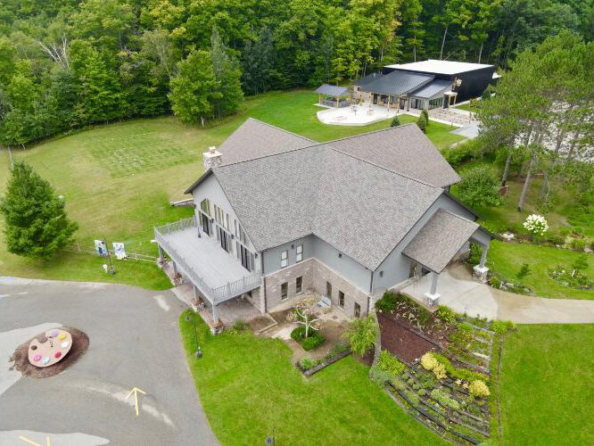 An aerial view of the Erickson Center for the Arts, a cultural hub in the eastern U.P.