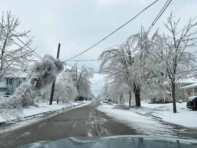 Ice storm damage along a residential street in Northern Michigan.
