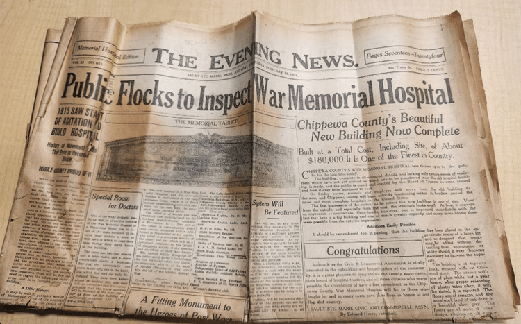 A 100-year old newspaper features the opening of War Memorial Hospital, now known as MyMichigan Medical Center Sault.