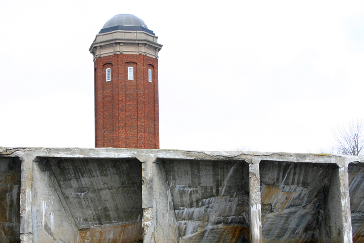 A tower stands tall over the Manistique River in the heart of the city. 